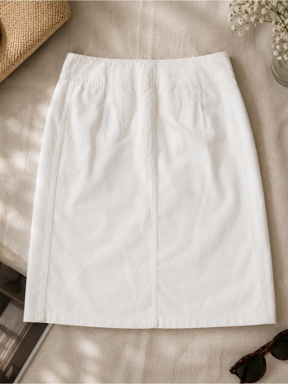 Perry Ellis White Ramie Cotton Pencil Skirt Buckle Waist Size 10 - Picture 2 of 5